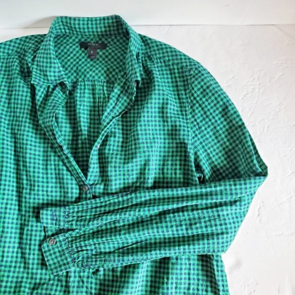J. CREW Gathered Popover Gingham Navy Green Plaid 2 - Picture 2 of 9